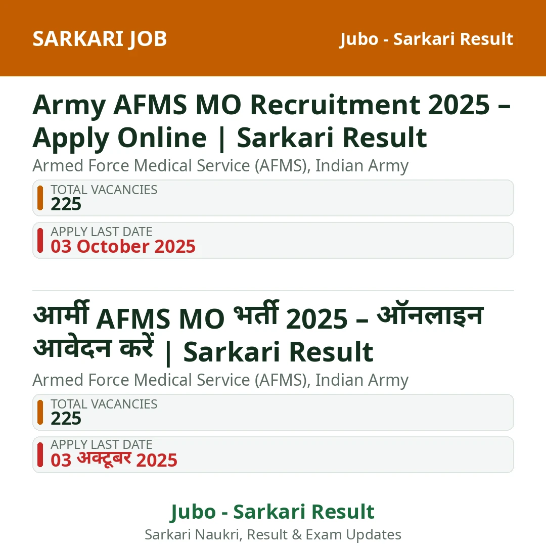 Army AFMS MO Recruitment 2025 – Apply Online | Sarkari Result