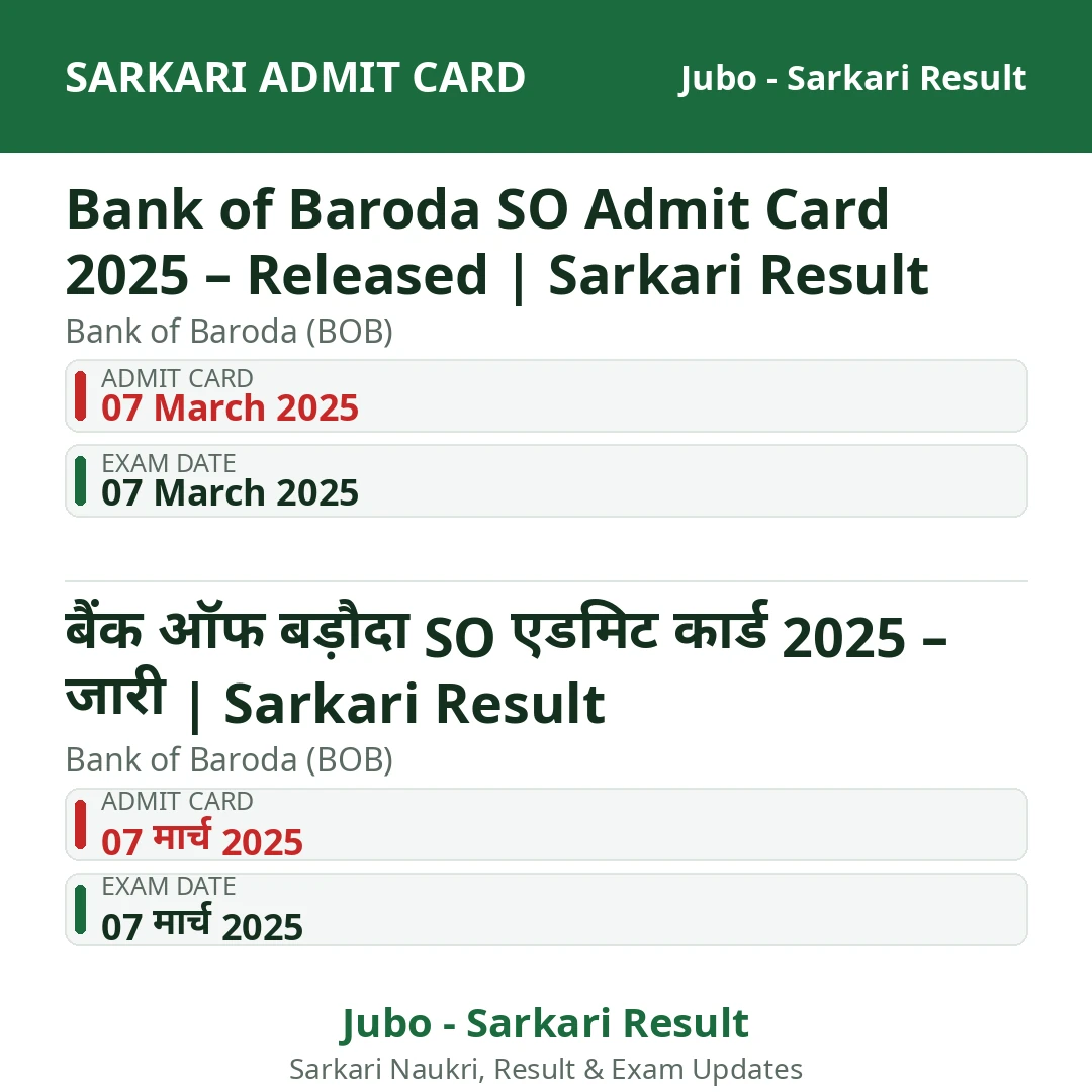 Bank of Baroda SO Admit Card 2025 – Released | Sarkari Result