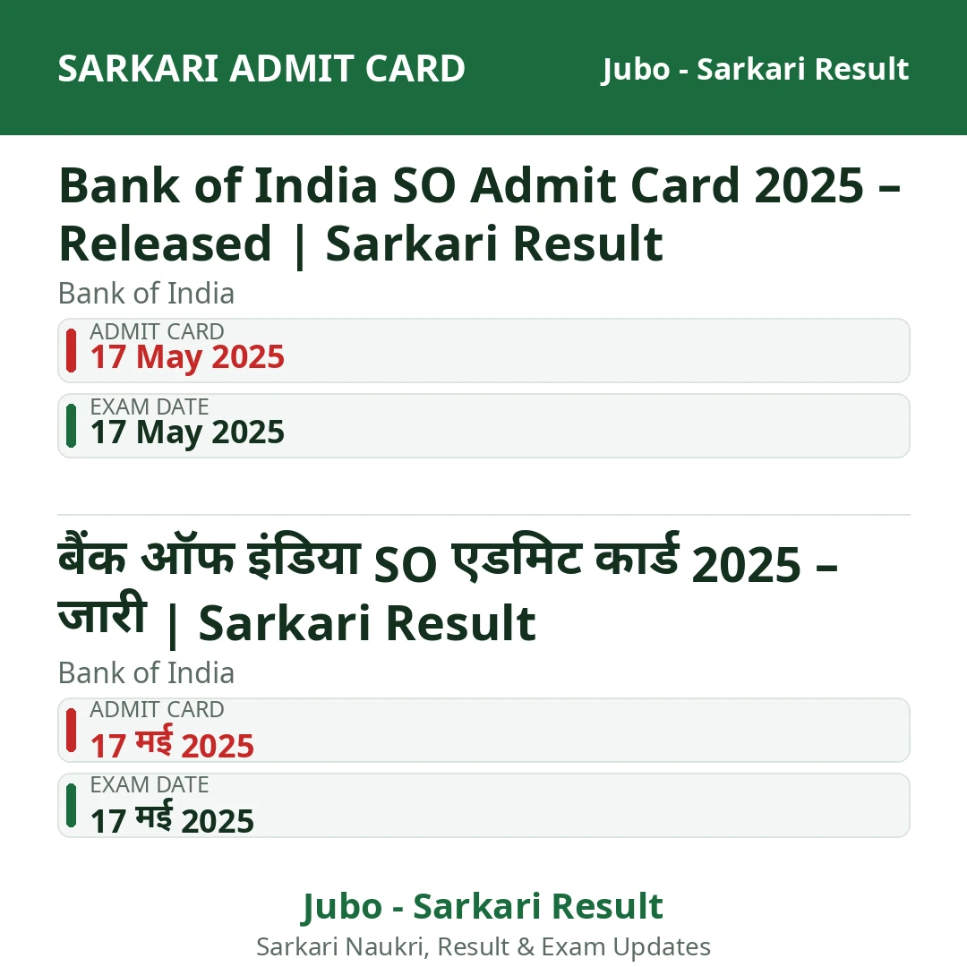 Bank of India SO Admit Card 2025 – Released | Sarkari Result