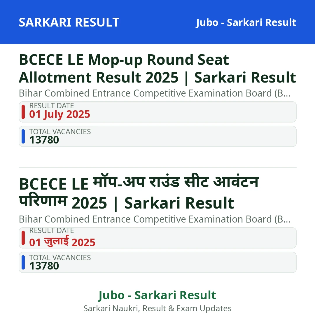 BCECE LE Mop-up Round Seat Allotment Result 2025 | Sarkari Result