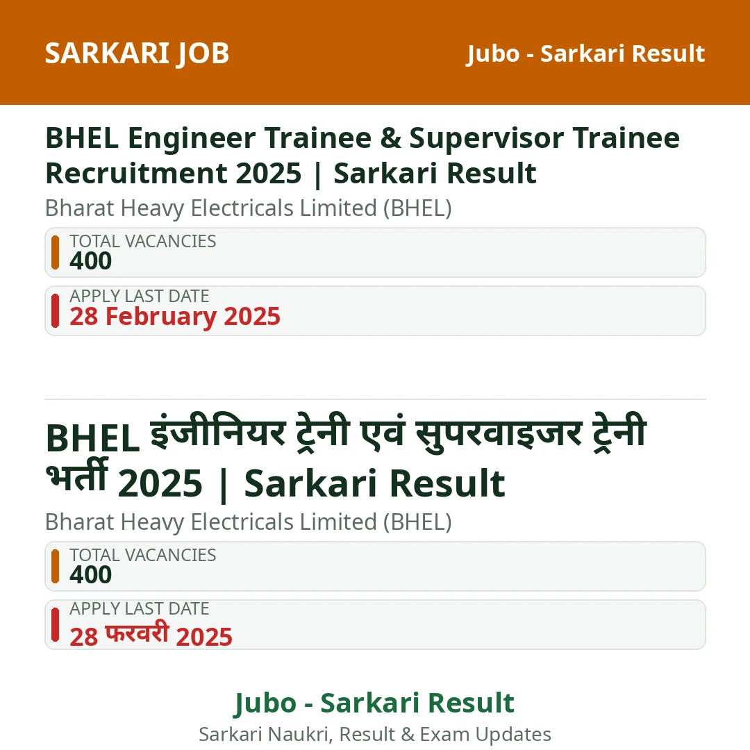 BHEL Engineer Trainee & Supervisor Trainee Recruitment 2025 | Sarkari Result