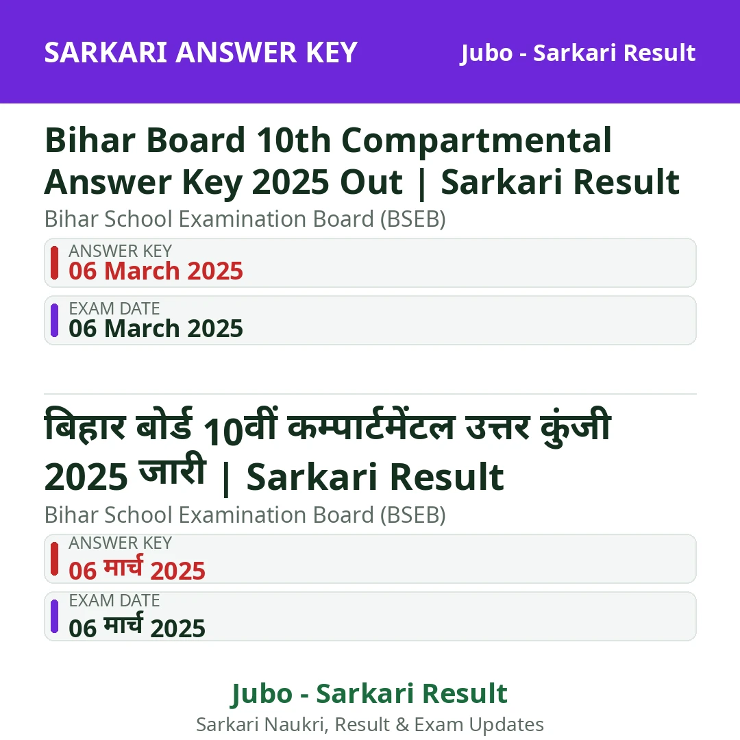 Bihar Board 10th Compartmental Answer Key 2025 Out | Sarkari Result