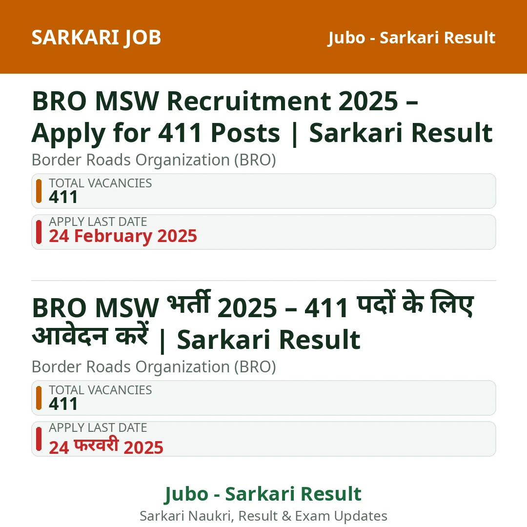 BRO MSW Recruitment 2025 – Apply for 411 Posts | Sarkari Result