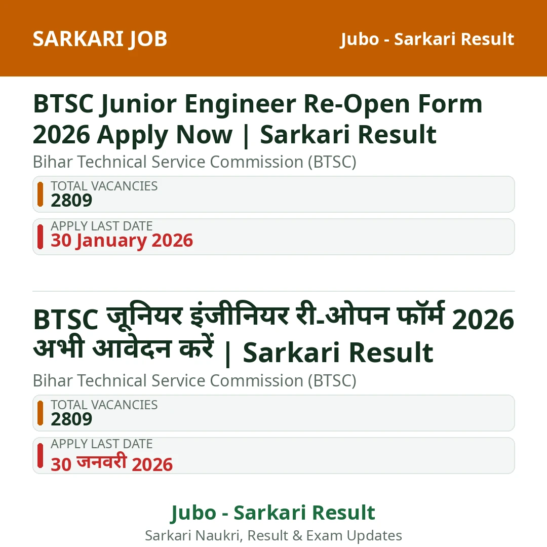 BTSC Junior Engineer Re-Open Form 2026 Apply Now | Sarkari Result