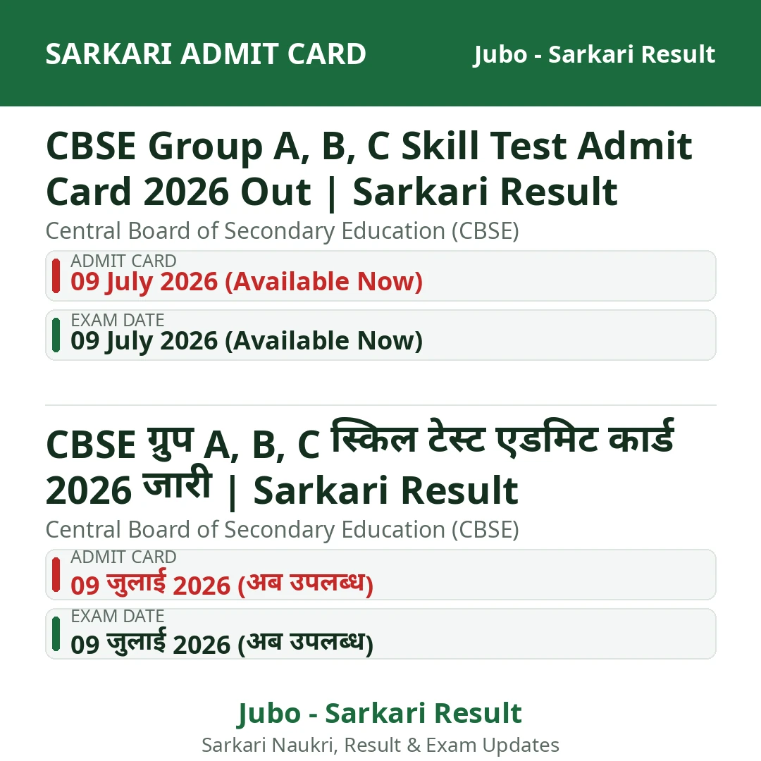 CBSE Group A, B, C Skill Test Admit Card 2026 Out | Sarkari Result