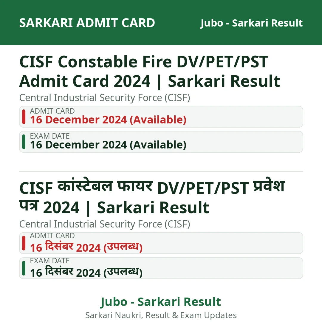 CISF Constable Fire DV/PET/PST Admit Card 2024 | Sarkari Result
