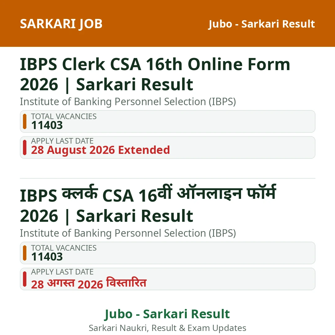 IBPS Clerk CSA 16th Online Form 2026 | Sarkari Result