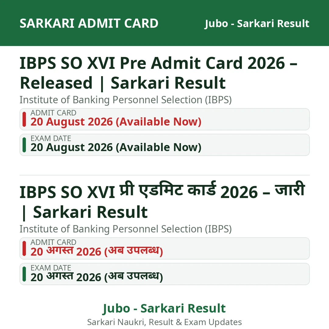 IBPS SO XVI Pre Admit Card 2026 – Released | Sarkari Result