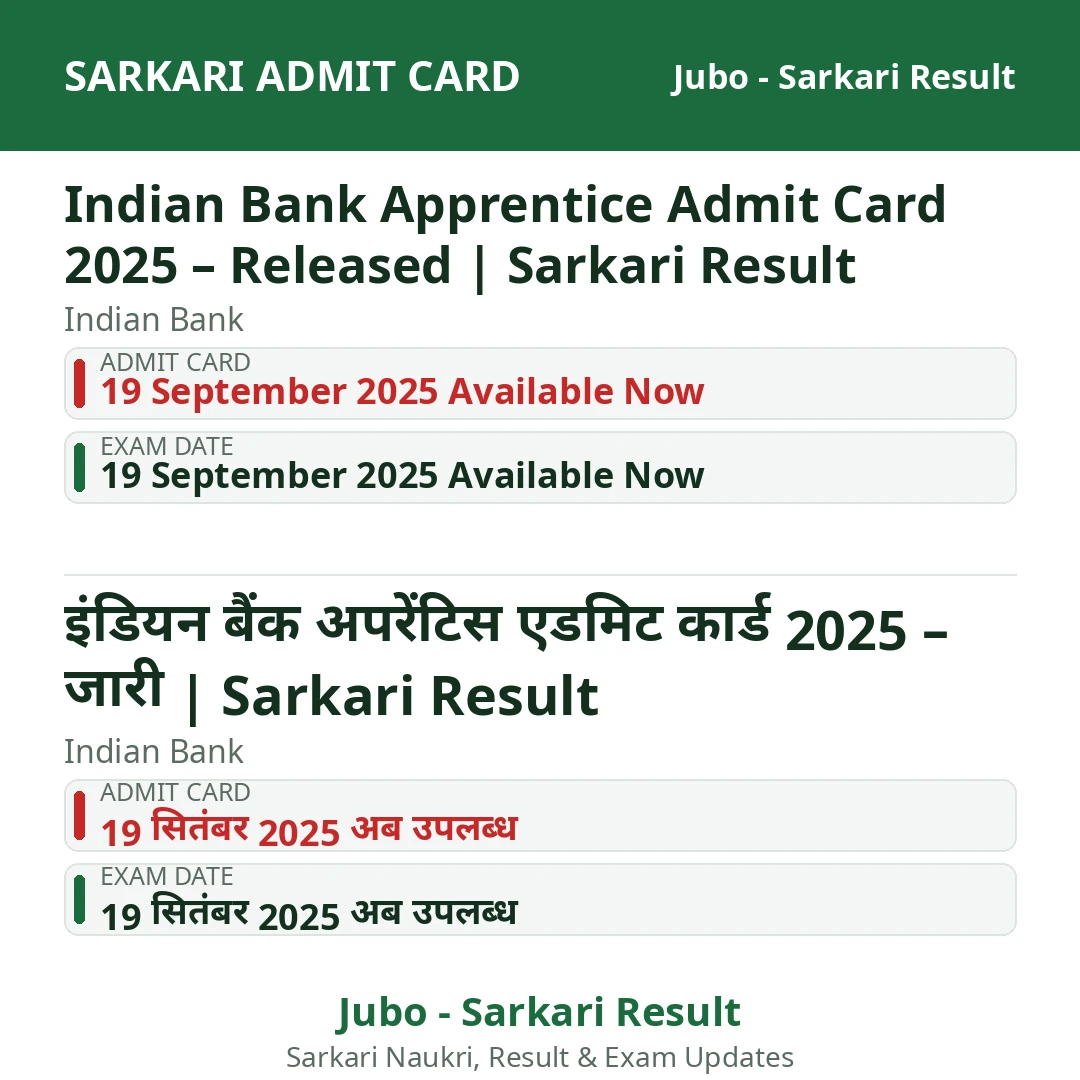 Indian Bank Apprentice Admit Card 2025 – Released | Sarkari Result
