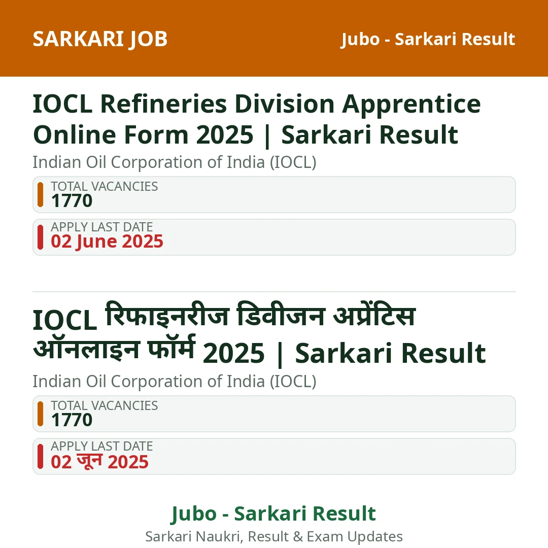 IOCL Refineries Division Apprentice Online Form 2025 | Sarkari Result