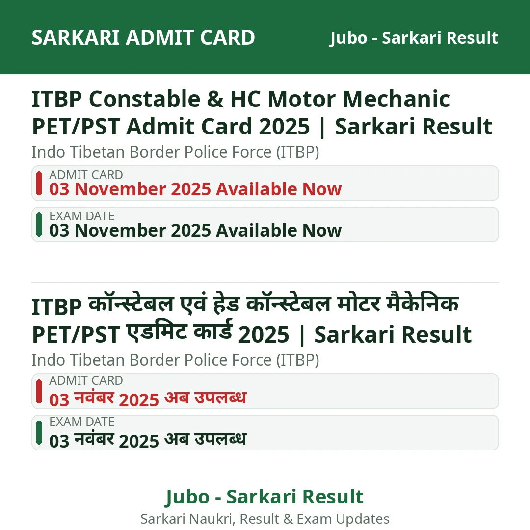 ITBP Constable & HC Motor Mechanic PET/PST Admit Card 2025 | Sarkari Result