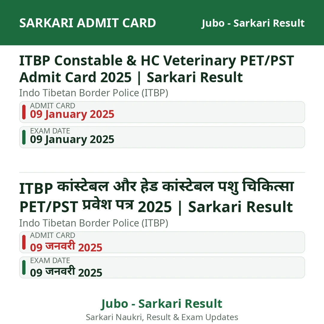 ITBP Constable & HC Veterinary PET/PST Admit Card 2025 | Sarkari Result