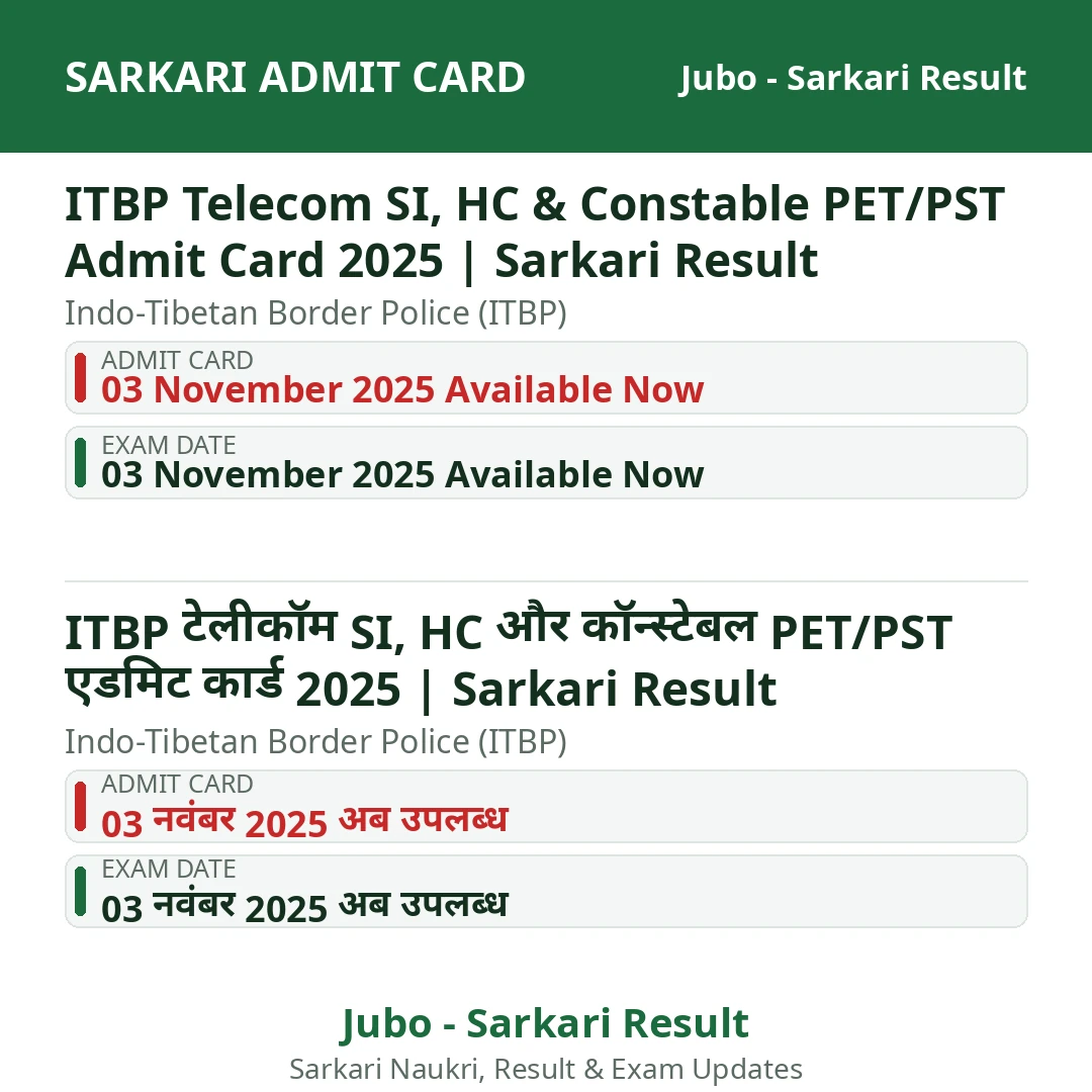 ITBP Telecom SI, HC & Constable PET/PST Admit Card 2025 | Sarkari Result