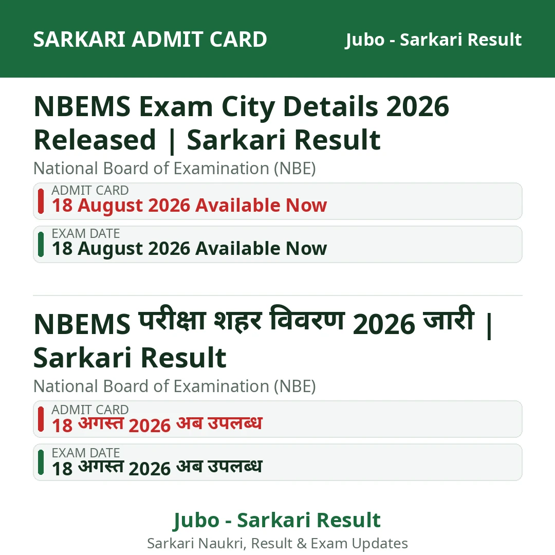 NBEMS Exam City Details 2026 Released | Sarkari Result
