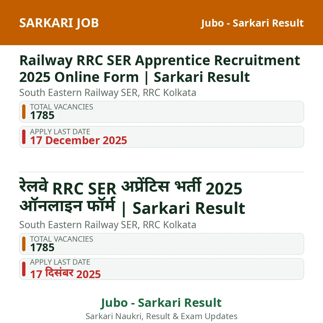 Railway RRC SER Apprentice Recruitment 2025 Online Form | Sarkari Result