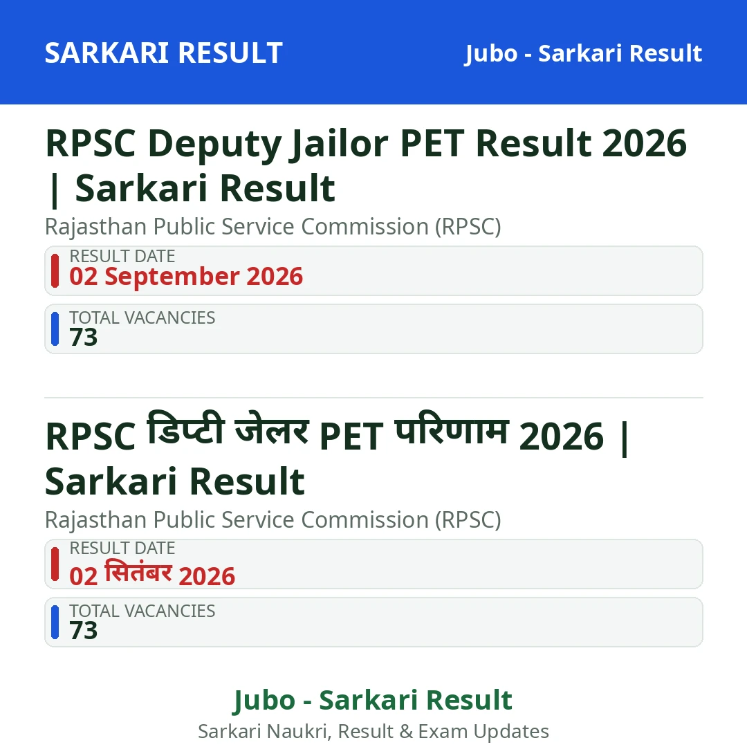 Sarkari Result card. RPSC Deputy Jailor PET Result 2026 | Sarkari Result. Rajasthan Public Service Commission (RPSC). Result Date: 02 September 2026; Total Vacancies: 73.