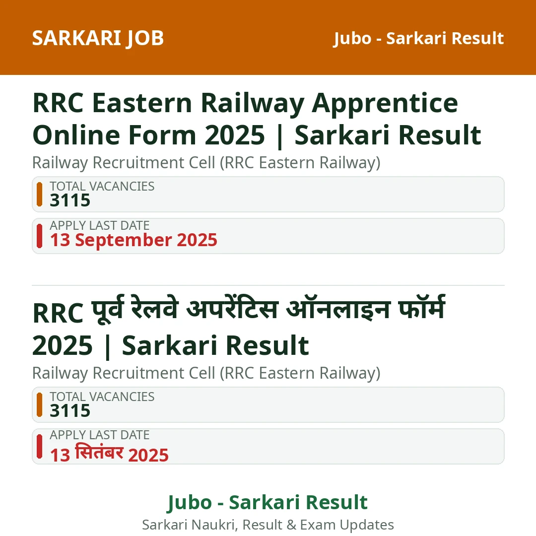 RRC Eastern Railway Apprentice Online Form 2025 | Sarkari Result