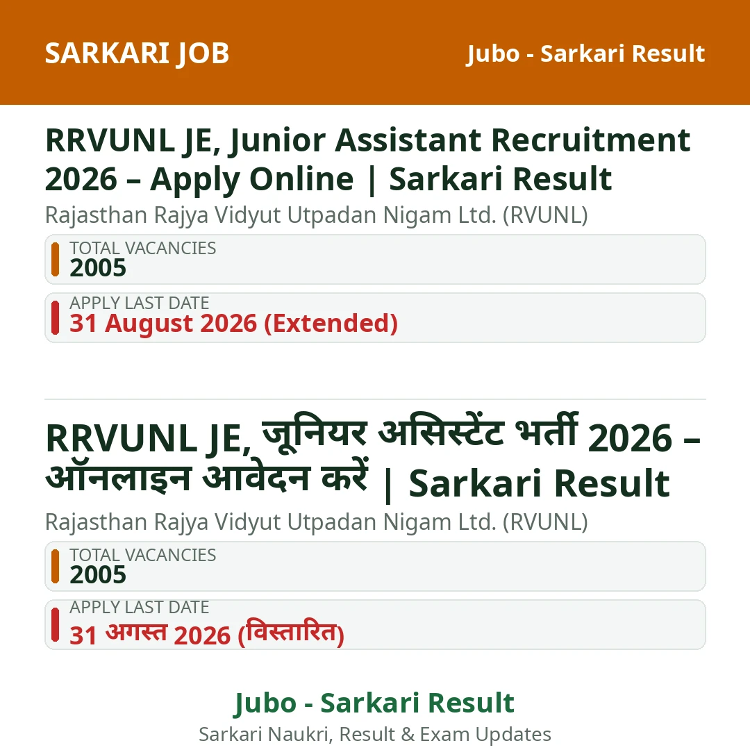 RRVUNL JE, Junior Assistant Recruitment 2026 – Apply Online | Sarkari Result