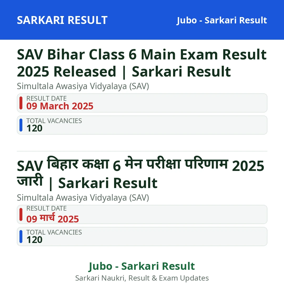 SAV Bihar Class 6 Main Exam Result 2025 Released | Sarkari Result