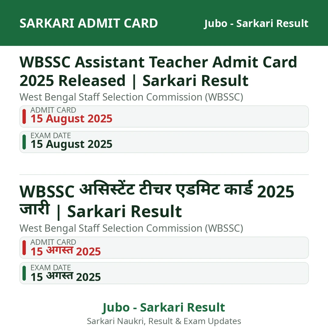 WBSSC Assistant Teacher Admit Card 2025 Released | Sarkari Result